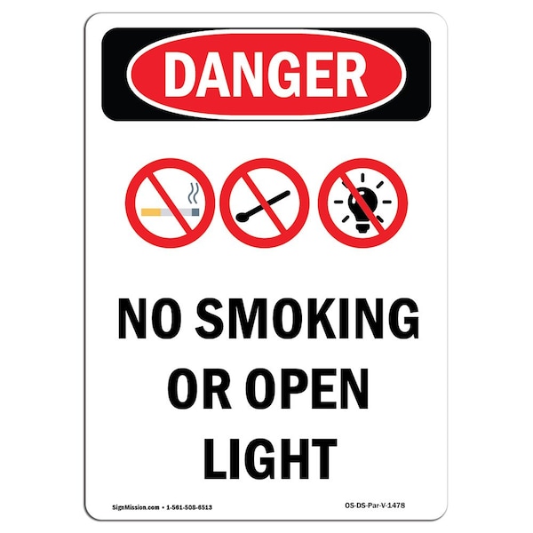 Signmission OSHA Danger Sign, No Smoking Or Open Lights, 18in X 12in Aluminum, 12" W, 18" L, Portrait OS-DS-A-1218-V-1478 - main